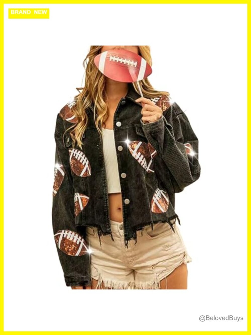 SeekMe Cropped Corduroy Football Jacket Sequin Rugby Patched Shacket